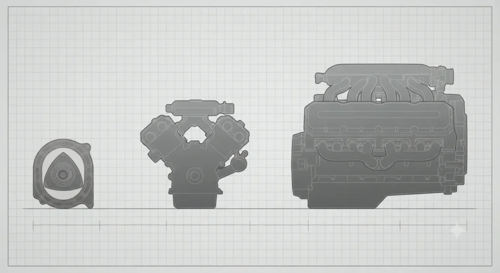 Infographic comparing rotary, conventional piston, and W16 engine sizes and complexity.