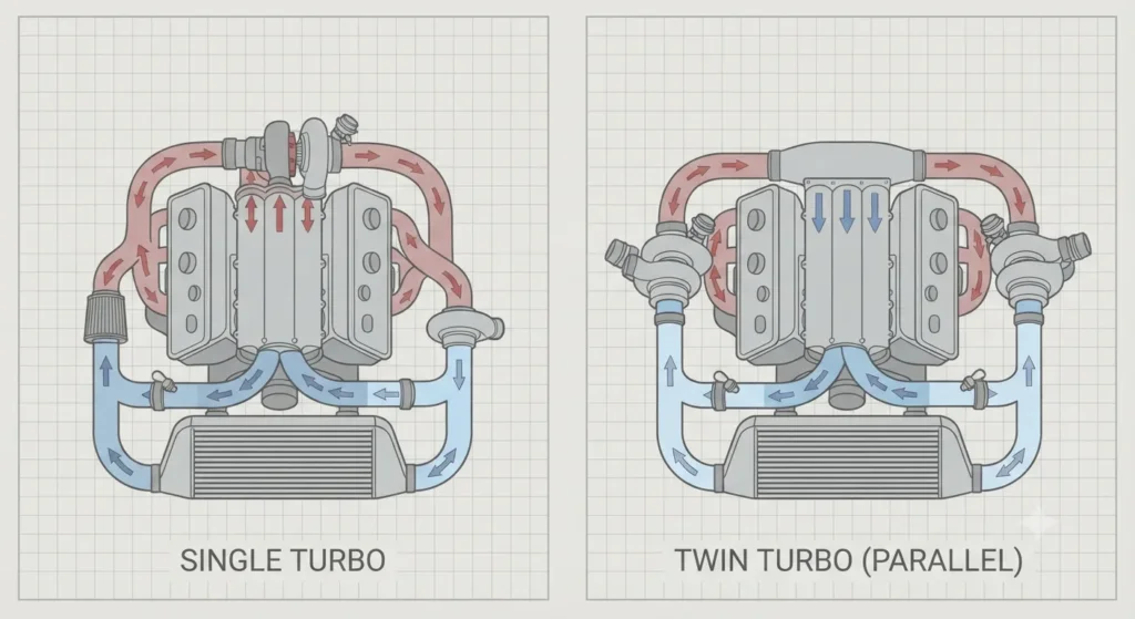 Infographic comparing single turbo and twin turbo engine layouts.