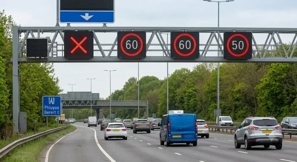 Smart motorway gantry displaying a red X lane closure and variable 60 and 50 mph speed limit signs above moving traffic