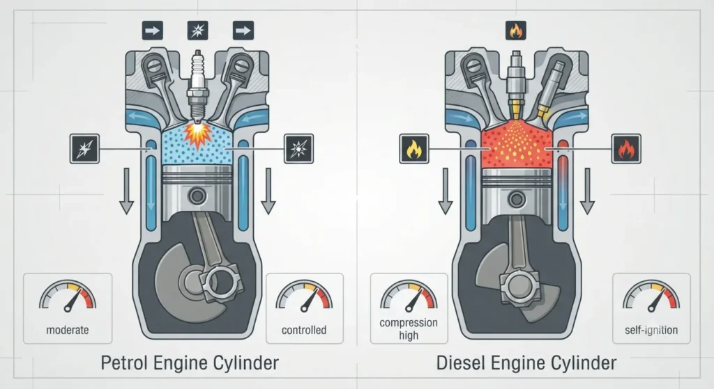 Diesel Vs Petrol Engine Diagram comparing spark ignition in a petrol engine and compression ignition in a diesel engine.