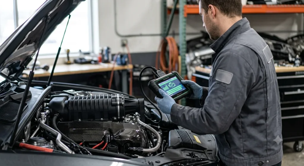 Mechanic inspecting a supercharged V8 engine during a service check.