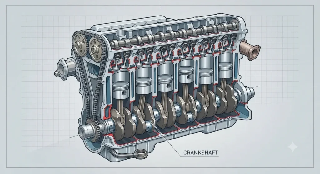Diagram of a straight-six engine with six cylinders in a single row.