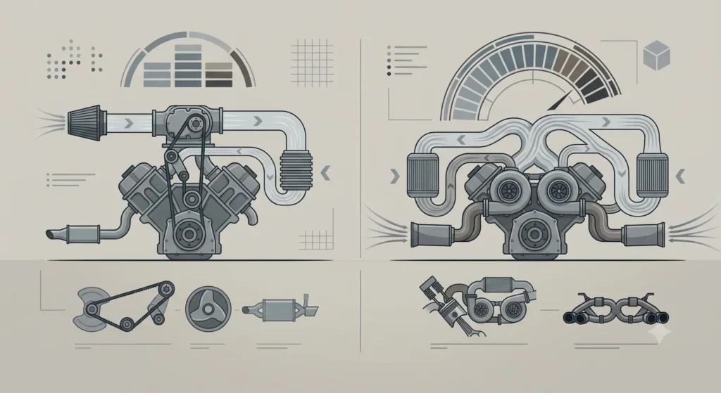 Infographic comparing supercharged and twin-turbocharged V8 engine layouts.