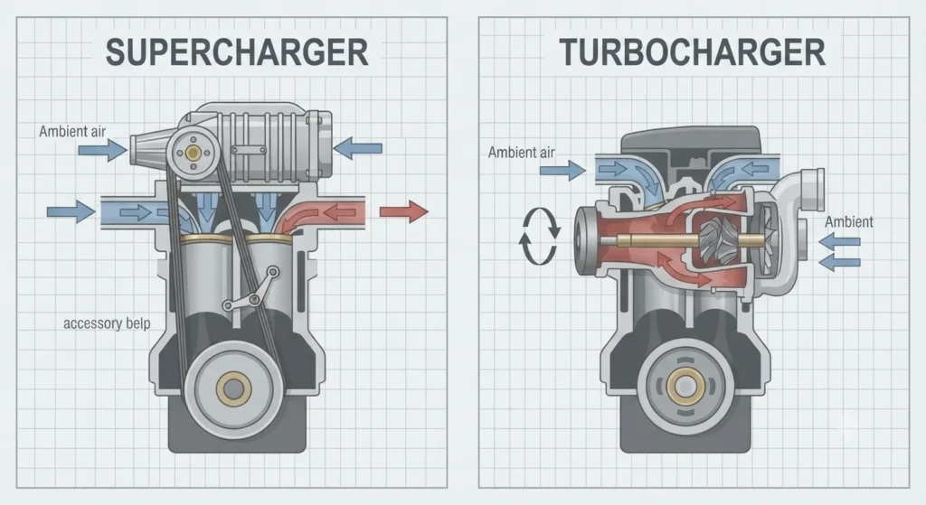 Infographic comparing a belt-driven supercharger and an exhaust-driven turbocharger.