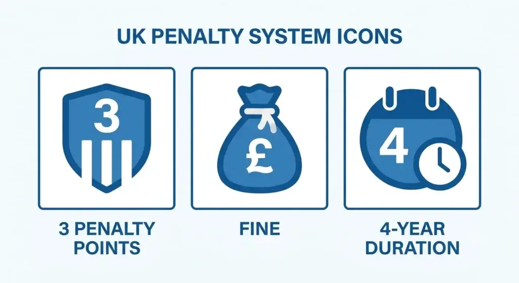 Infographic showing 3 penalty points and fine for crossing double white lines