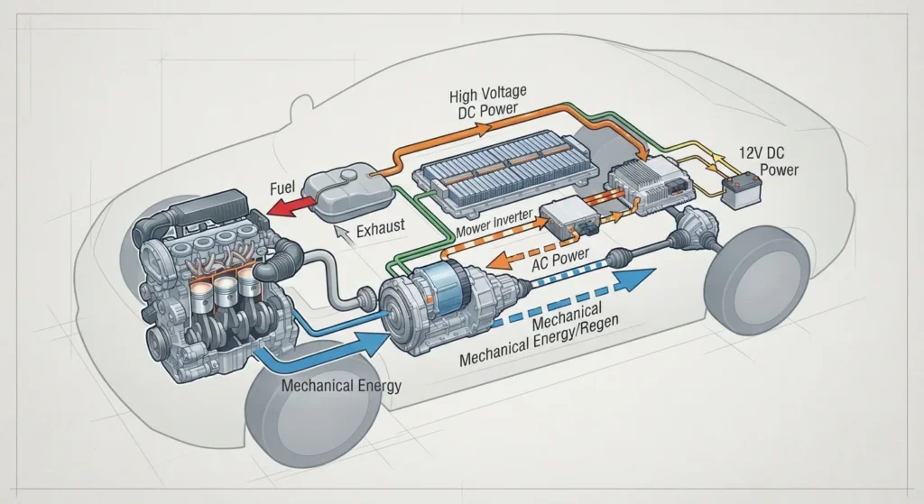 Diagram of hybrid car components including engine, motor, and battery.