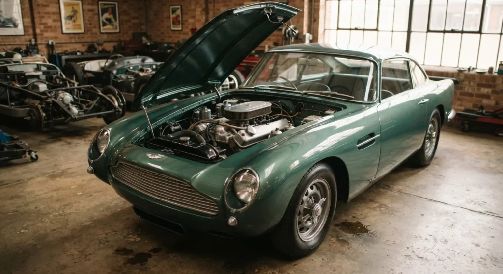 Vintage British sports car with an open bonnet showing a classic V8 engine.