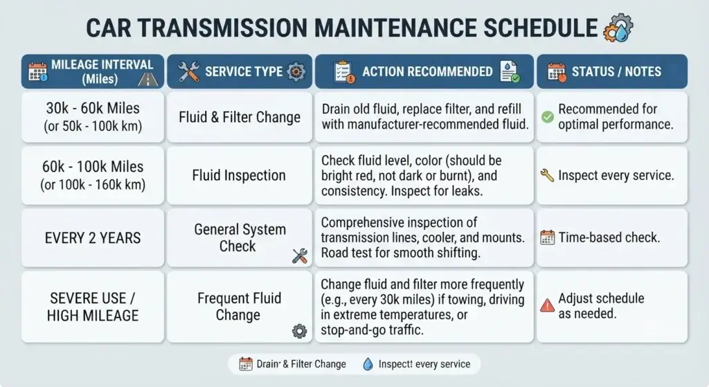 Car transmission maintenance schedule checklist by mileage