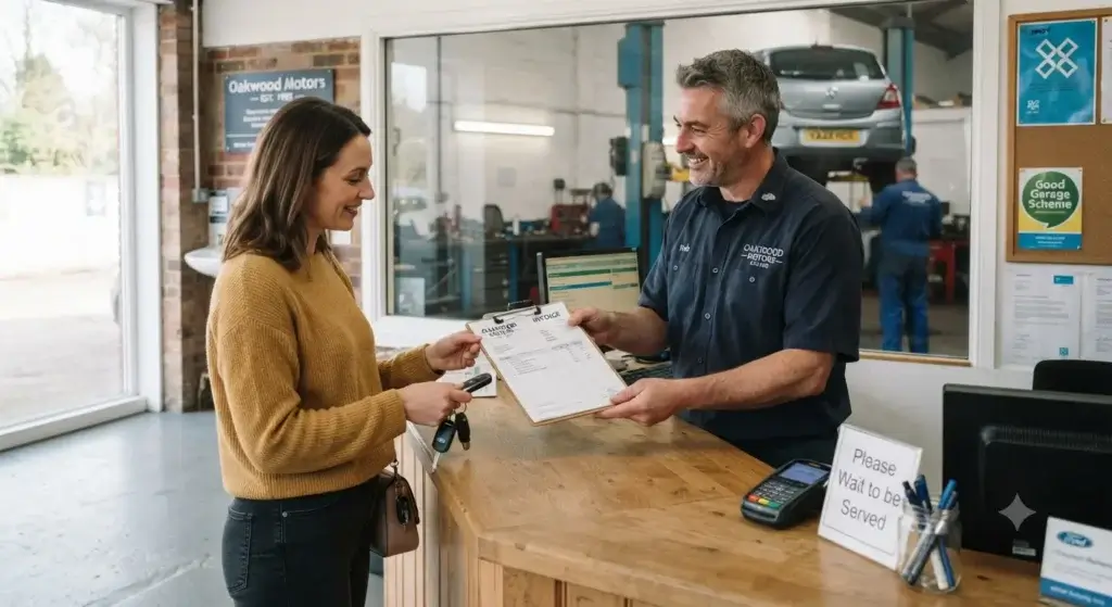Mechanic explaining transmission repair cost quote to customer