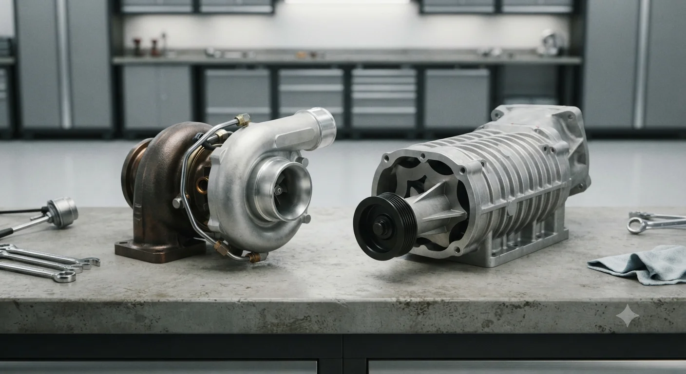 Turbocharger and supercharger units side by side.