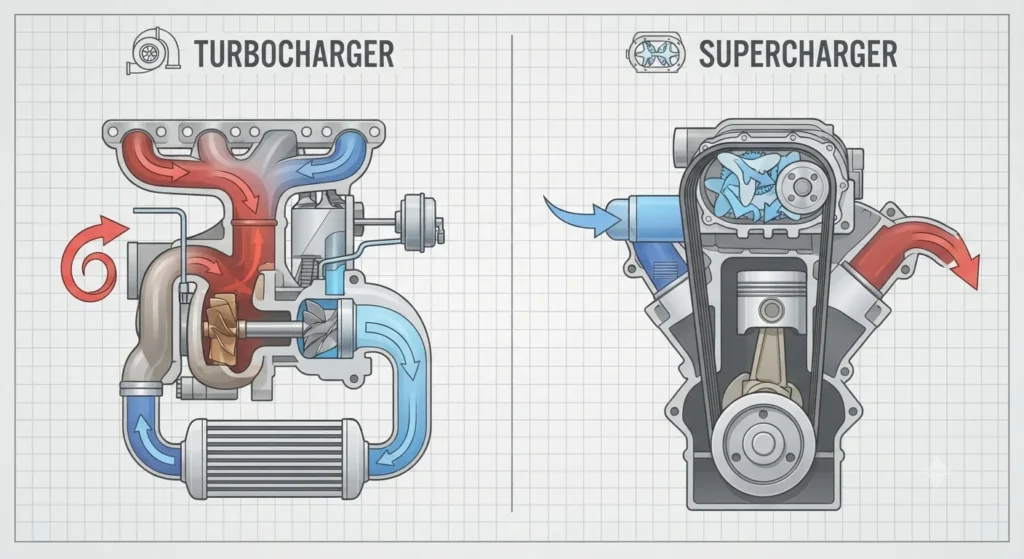 Turbo Vs Supercharger Diagram comparing exhaust-driven turbocharger and belt-driven supercharger.