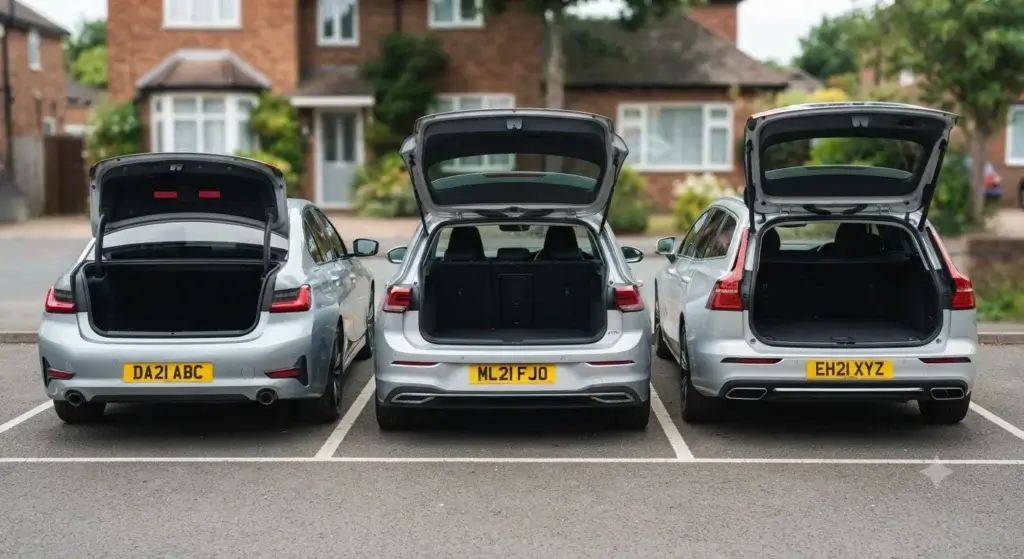 Comparison of saloon, hatchback and estate car boot types