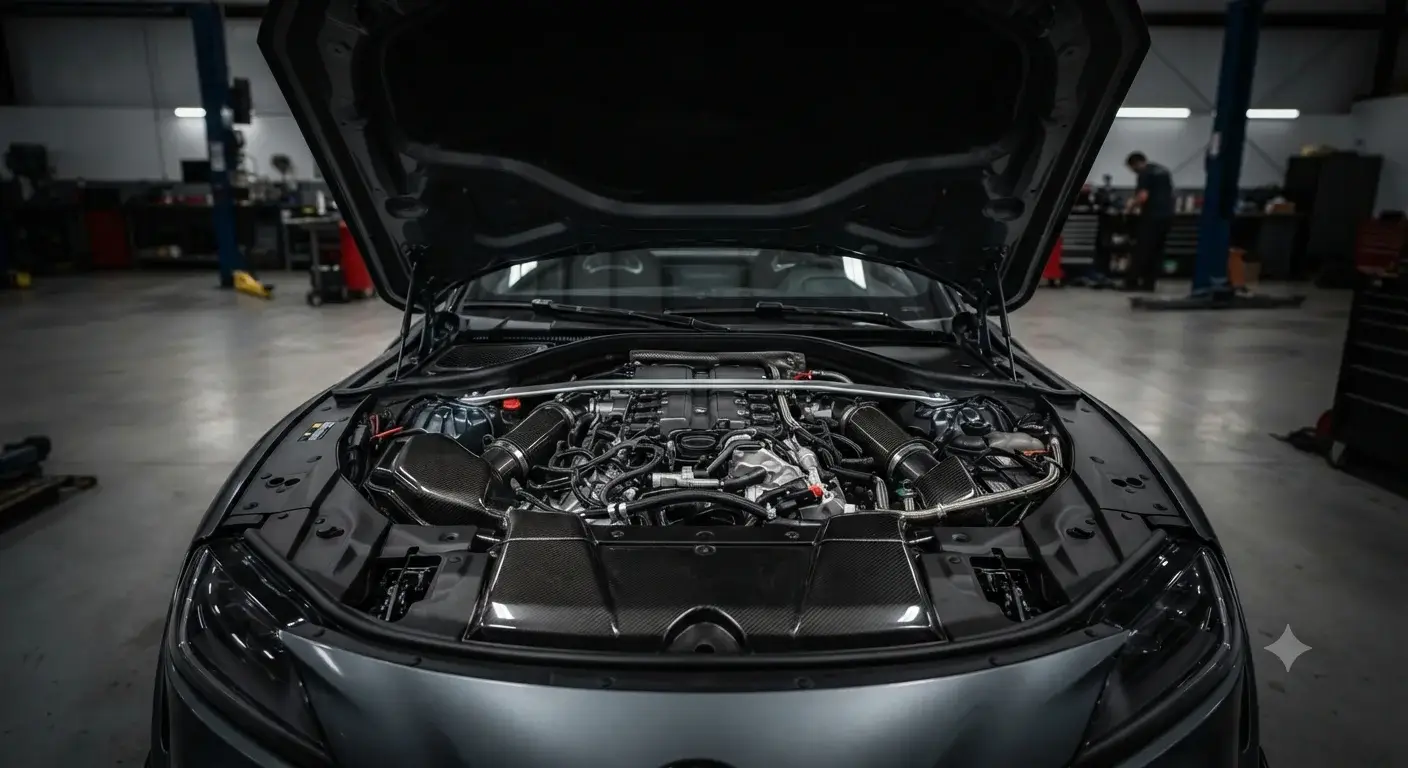 Open car bonnet showing a modern engine under the hood.