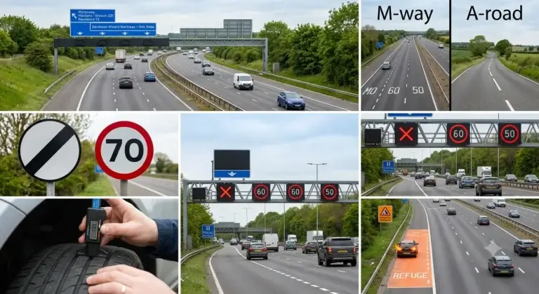 Collage of UK motorway driving showing signage, speed limits, smart motorway gantry signs, tyre check, and emergency refuge lane
