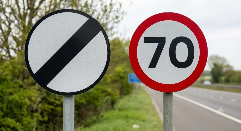 UK national speed limit sign (white circle, black diagonal stripe) next to a 70 mph speed limit sign beside a road