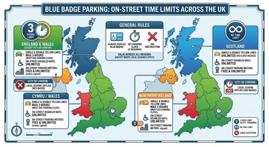 Infographic comparing Blue Badge double yellow line parking rules across England, Scotland, Wales, and Northern Ireland.