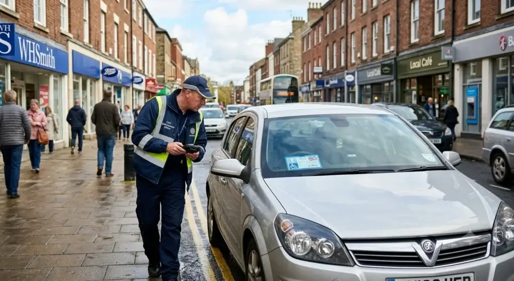 Civil enforcement officer checking a parked car's dashboard for a Blue Badge in the UK.