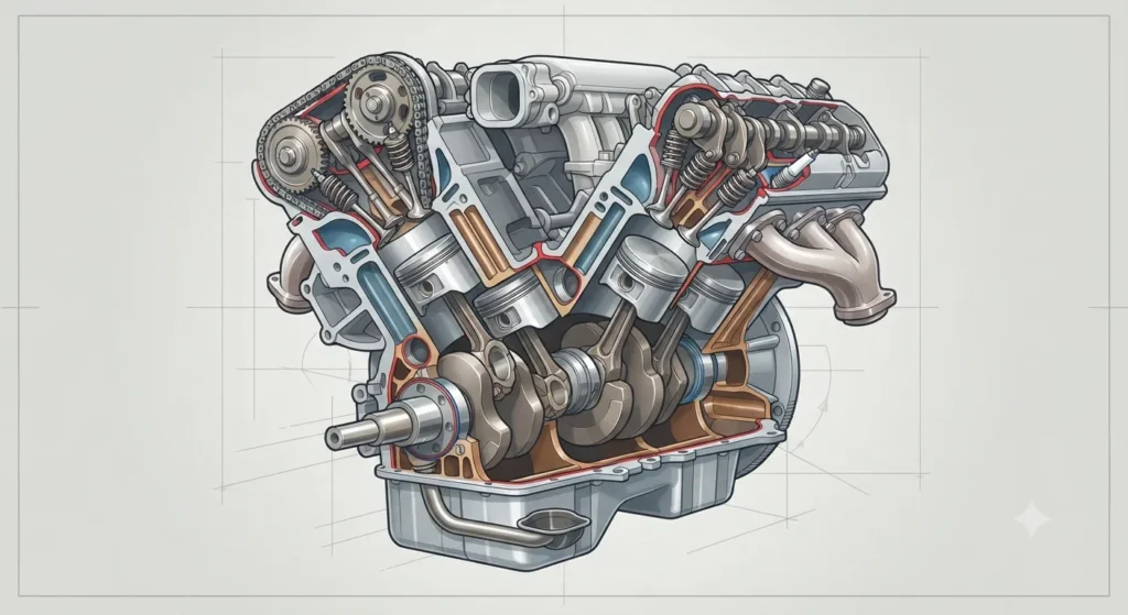 Diagram of a V engine with two angled cylinder banks.