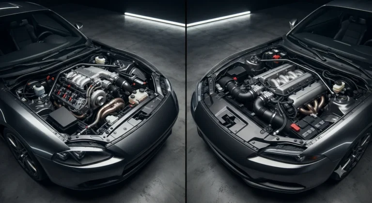Comparison of V6 and V8 engine bays side by side.