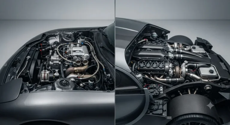 Side-by-side comparison of a compact rotary engine and a large hypercar engine bay.
