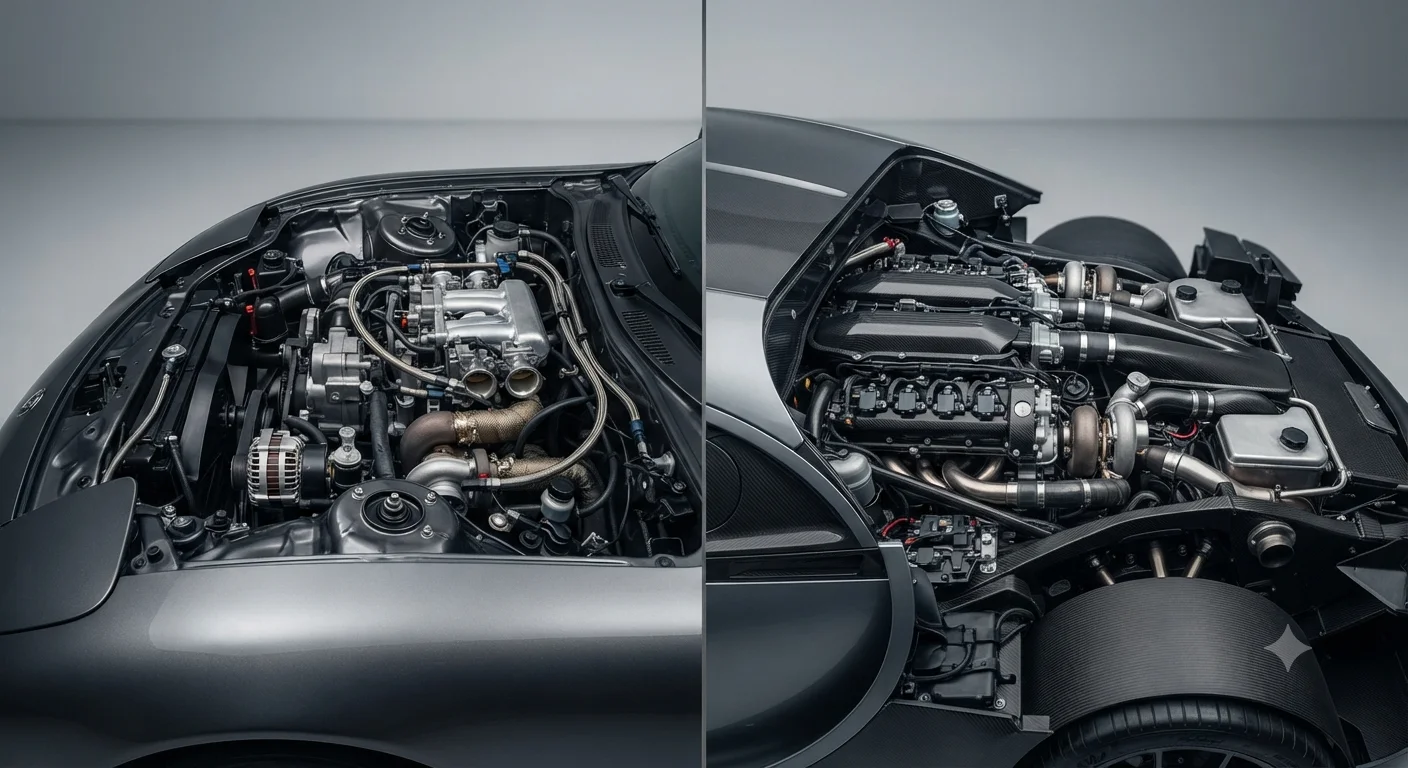 Side-by-side comparison of a compact rotary engine and a large hypercar engine bay.