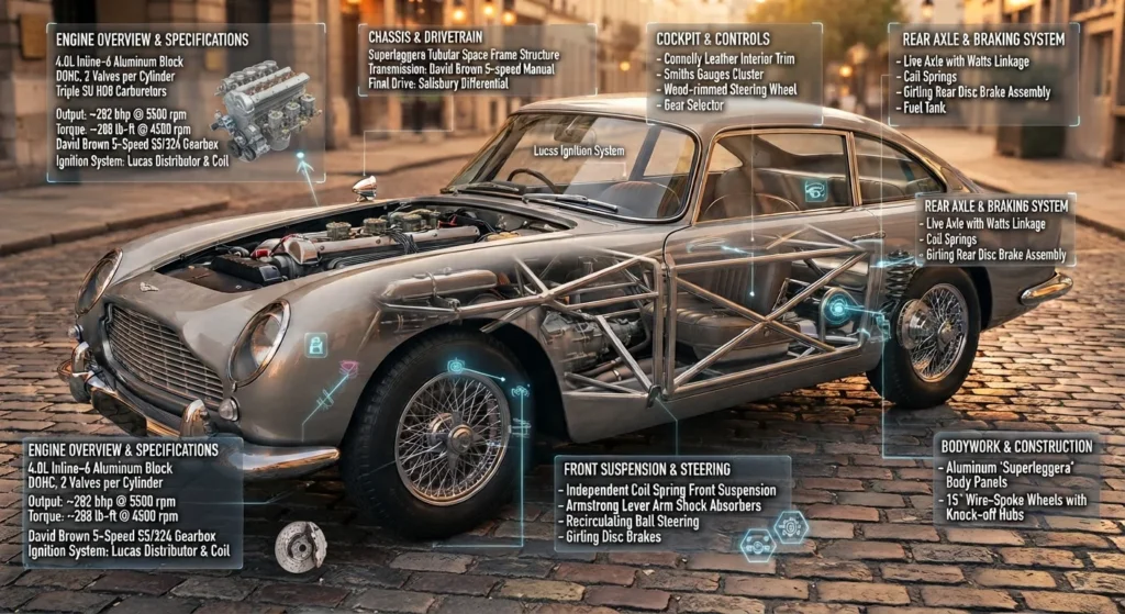 Silver Aston Martin DB5 classic car, the most famous James Bond movie car