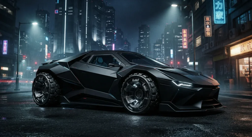 Black armoured tank-style concept car inspired by The Dark Knight Batmobile
