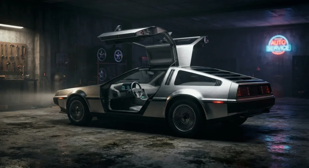 Stainless steel DeLorean DMC-12 with gull-wing doors from Back to the Future