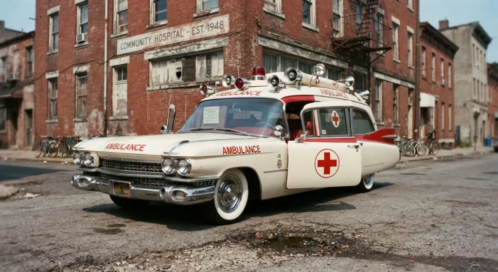 White vintage Cadillac ambulance style car from Ghostbusters movie