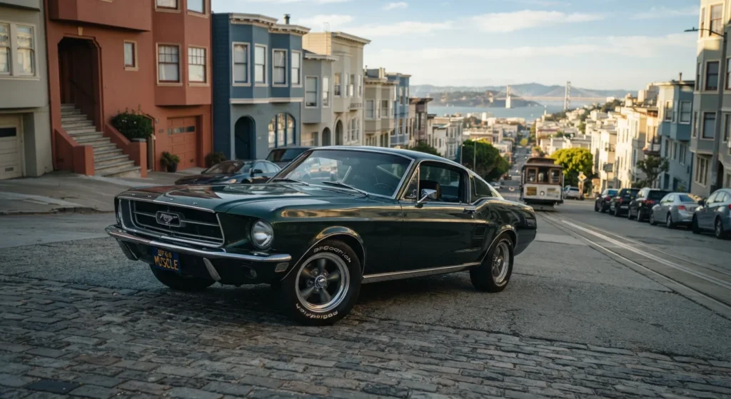 Dark green 1968 Ford Mustang GT390 from the Bullitt movie chase scene