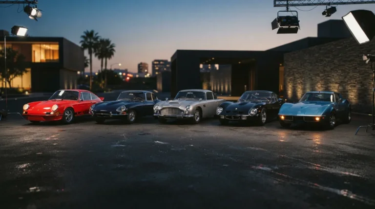 Most iconic movie cars of all time lined up including classic sports and muscle cars