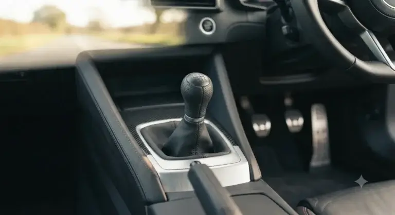 Close-up of a manual transmission gear stick inside a car, showing the six-speed gear pattern