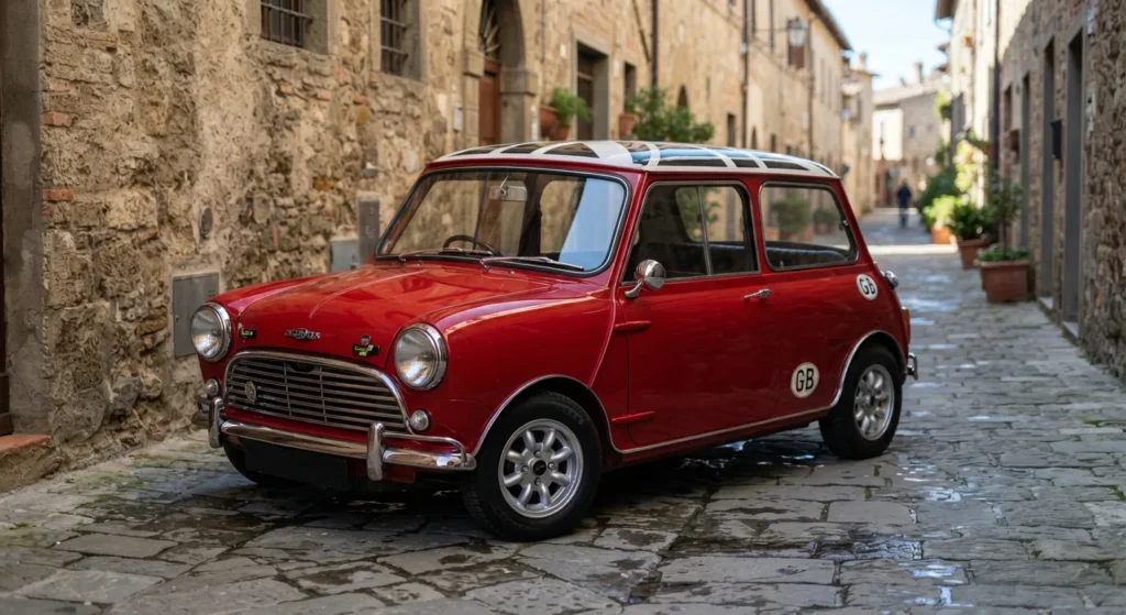 Red and white classic Mini Cooper S from The Italian Job movie