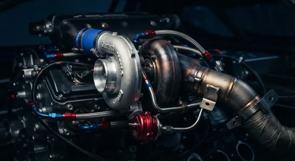 Close-up of a turbocharger unit on a race engine