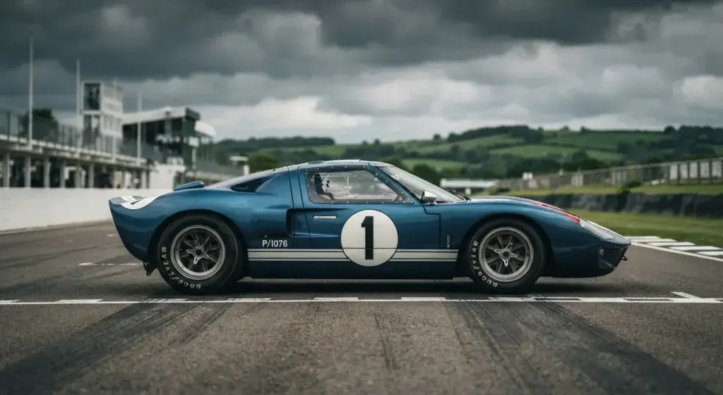 Legendary Race Cars Ford GT40 race car in blue and white livery on a racetrack