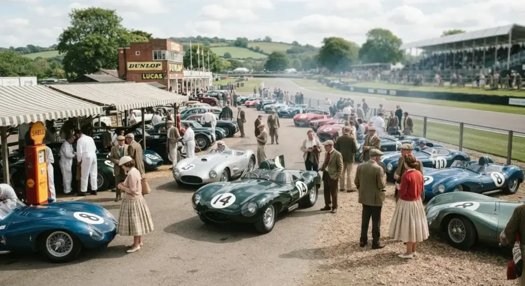 Vintage race cars displayed at a historic motorsport heritage event