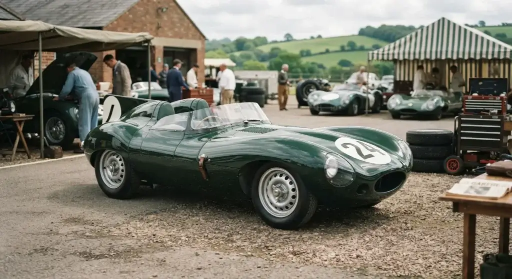 British racing green Jaguar D-Type race car with curved aerodynamic bodywork