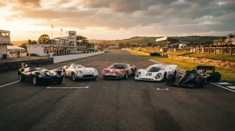 Lineup of iconic historic race cars on a racetrack at sunset