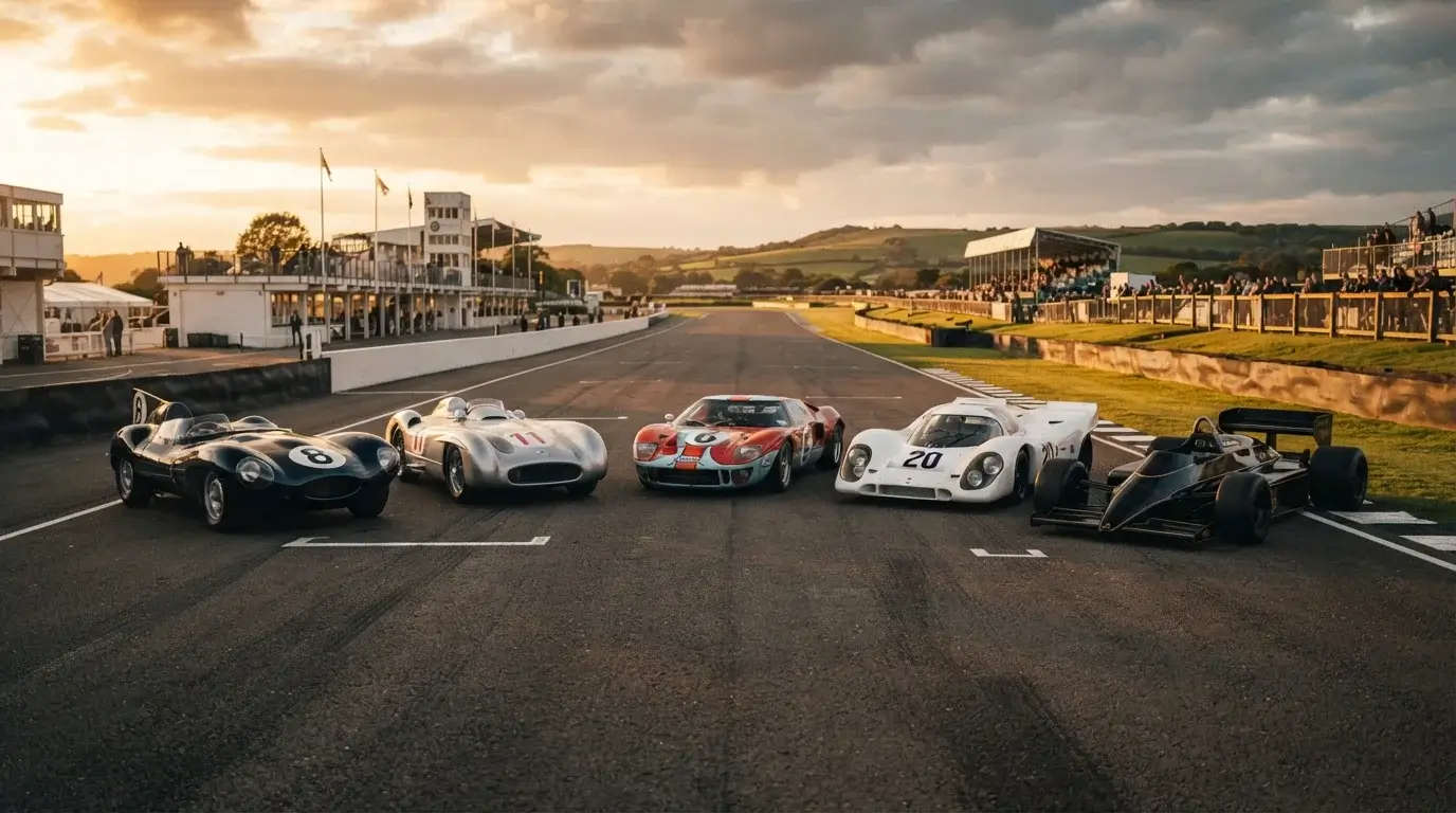 Lineup of iconic historic race cars on a racetrack at sunset