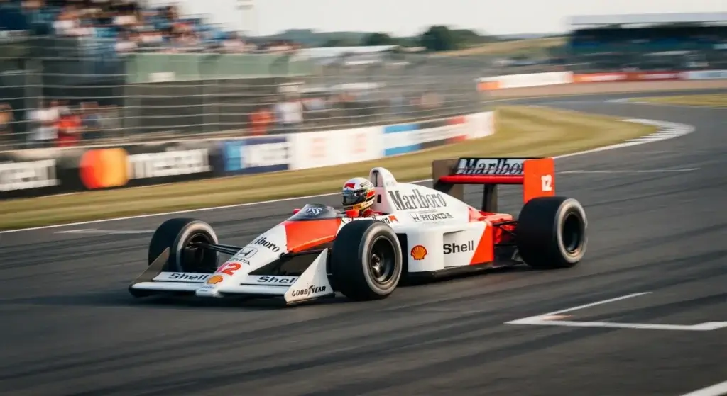 McLaren MP4/4 Formula 1 car racing in 1988 season livery