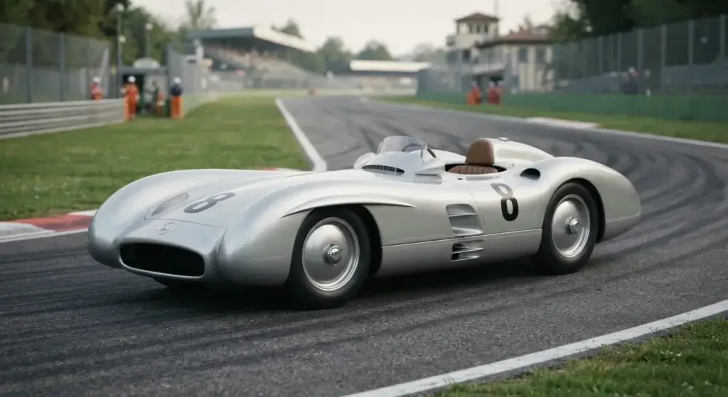 Silver streamlined Mercedes-Benz W196 Formula 1 car from the 1950s