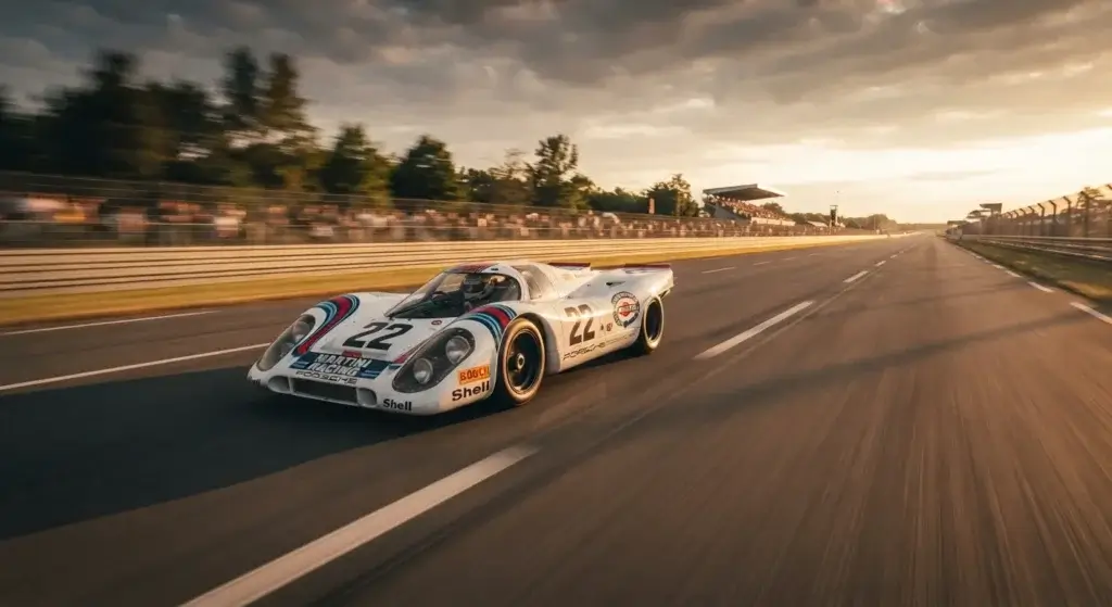 Porsche 917 endurance race car on the Mulsanne Straight at Le Mans