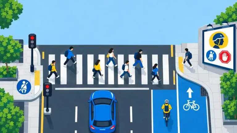 Bird’s-eye view of a modern urban street crossing with pedestrians, a stopped car, a cyclist in a marked bike lane, traffic lights, and road safety signs.