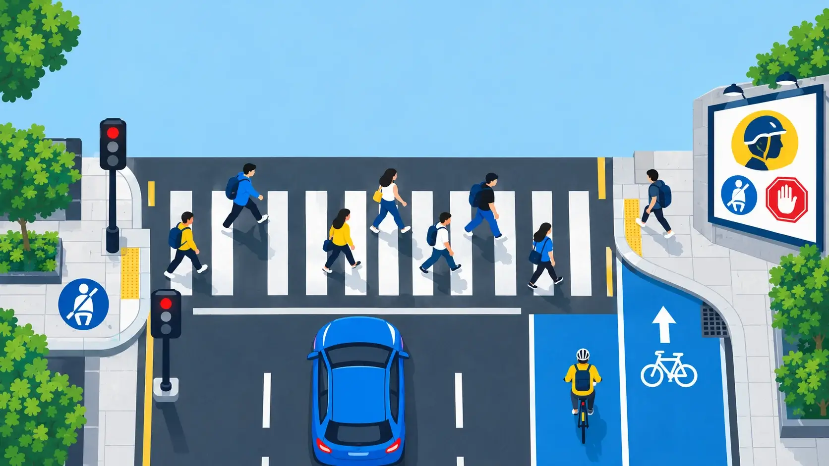 Bird’s-eye view of a modern urban street crossing with pedestrians, a stopped car, a cyclist in a marked bike lane, traffic lights, and road safety signs.