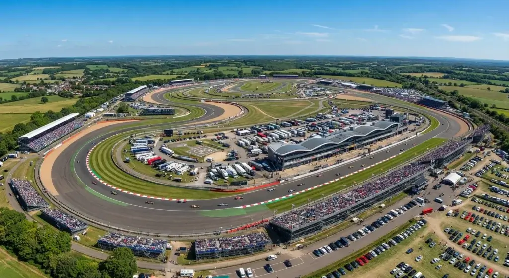 Aerial view of a British racetrack, home of UK motorsport engineering