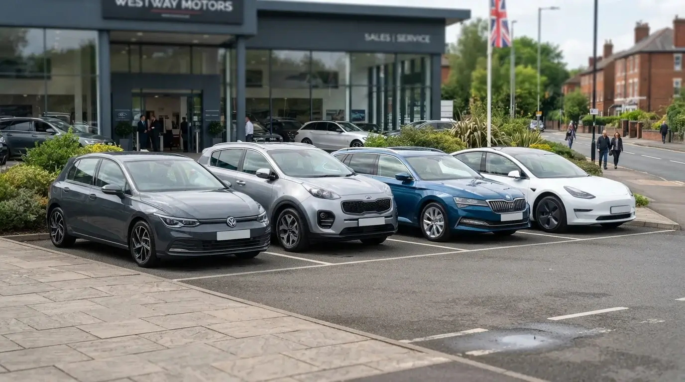 Row of different car types parked outside a UK dealership