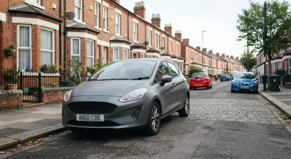 Small compact hatchback parked on a narrow UK city street