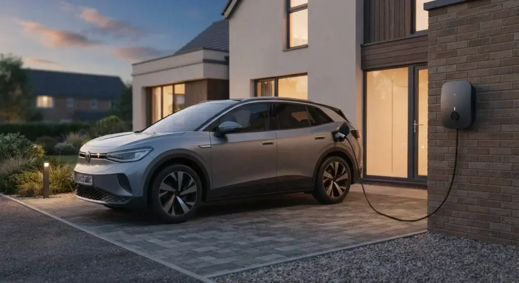Electric car plugged into a home charging point on a driveway