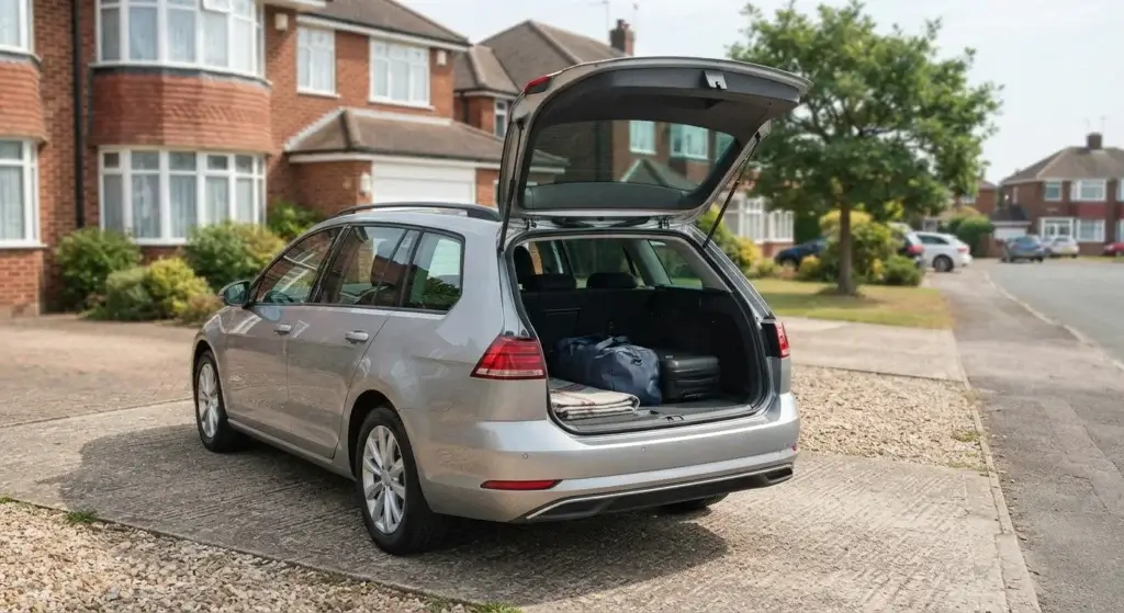 Estate car with open boot parked outside a suburban home