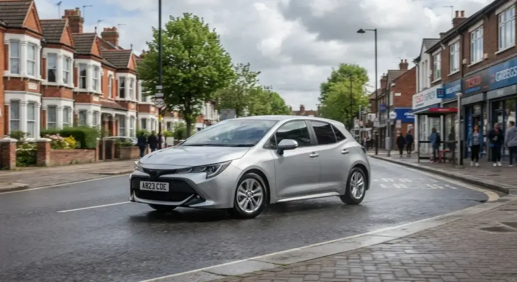 Hybrid car driving through a UK town centre
